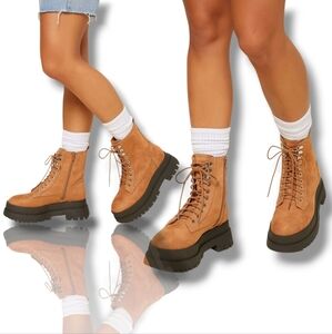 Women's Brown Faux Suede Lace/Zip-Up Platform Boots